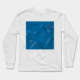 Hearts Twinkling, Vines Creeping, Butterflies Flying, Bubbles Floating , Flowers & Leaves in a Fantasy World of Blue Long Sleeve T-Shirt